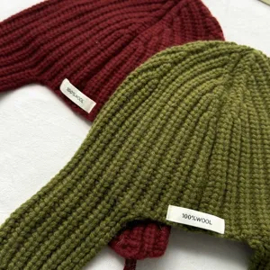 Gorro de punto 100% lana virgen para mujer, sombrero de invierno con orejeras.