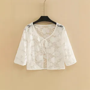 Châle en Dentelle Florale pour Femmes Cardigan Court Manches 3/4 Été Mince Protection Solaire Top Couleur Unie Liens Devant Transparent Blanc