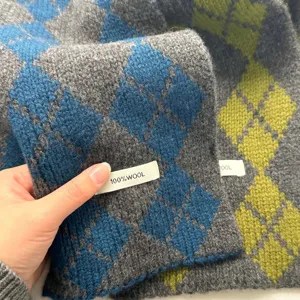 Écharpe double face en laine australienne 100%, motif argyle pour femme, hiver chaud.