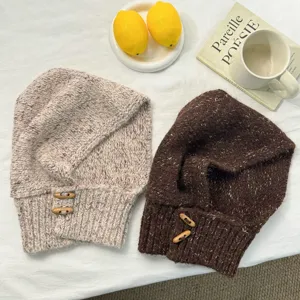 Knitted balaclava hood scarf with horn buttons detailed design, winter warm fleece accessory.