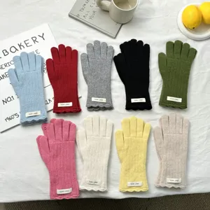 Guantes de Invierno de Punto de Lana para Mujer Color Sólido Pantalla Táctil Ciclismo Mitones Cálidos Borde Ondulado Puño de Canalé