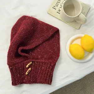 Knitted alpaca wool hooded scarf balaclava with horn buttons for women winter warmth style.