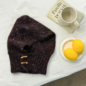 Knitted balaclava with wooden buttons, cozy winter warm hood and scarf set for women.
