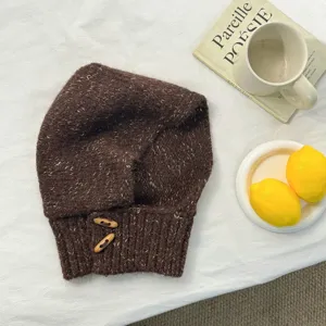Brown fleece knit balaclava hood winter warm woolen neck warmer with horn buttons details.
