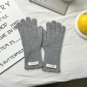 Guantes de lana tejida gris de dedo completo para mujer, cálidos de invierno.
