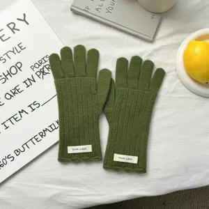 Guantes de punto verdes para mujer invierno cálidos cinco dedos color sólido lana elástica