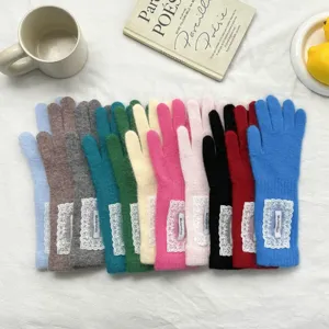 Women lace knitted extended split-finger gloves, autumn winter warm soft cozy thermal gloves.