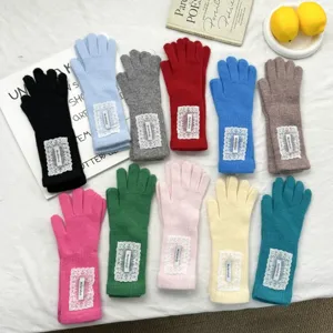 Women Knitted Elongated Finger Gloves Autumn Winter Warm Commuting Korean Ins Style Lace Trim Polyester Full Finger Gloves