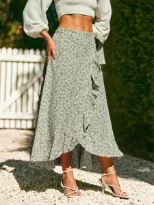 Women's Elegant High Waist Floral A-Line Skirt With Ruffle Hem Vacation Style Polyester Printed Long Skirt For Women
