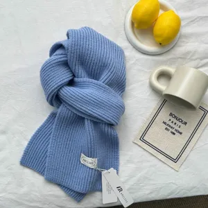Gros plan détaillé d'une écharpe d'hiver en tricot côtelé bleu avec étiquette, flat lay.