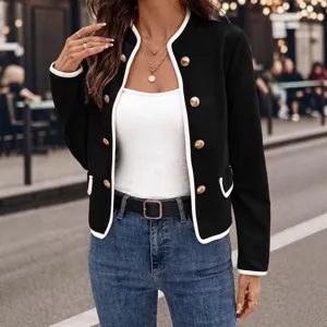 Giacca da Donna Elegante in Stile Francese con Bordatura a Contrasto Corta Vestibilità Slim Scollo a U Bottoni Oro Tweed Top