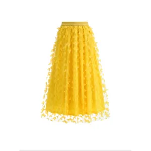 Women 3D Butterfly Mesh Skirt High Waist A-Line Tulle Long Skirt Embroidered Swing Skirt For Party Vacation Sweet Elegant Summer Bottoms