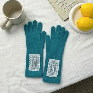 Women long knit gloves winter warm cute lace five finger gloves for daily commute