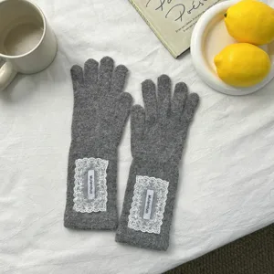 Grey knitted long gloves with white lace detail, warm winter thermal five finger gloves for women.