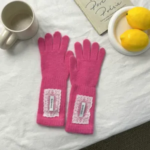 Korean style pink knitted long finger gloves with elegant white lace trim for women winter warm