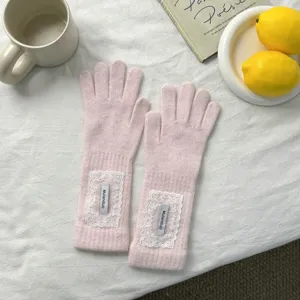 Women winter long knit gloves with delicate white lace trim warm and stylish apparel item