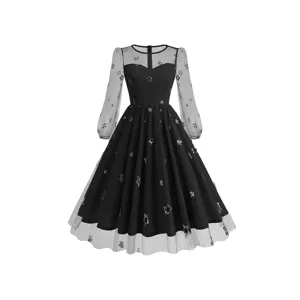French Vintage Star Gold Stamping Mesh Midi Dress For Women Long Sleeve Splicing Tulle A-Line Party Gown Elegant Halloween Dress