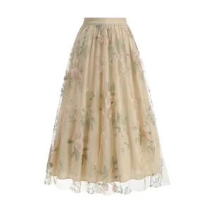 Women Floral Embroidered Mesh Midi Skirt High Waist A-Line Tulle Skirt Vintage Elegant Fairy Style Midi Skirt For Summer Daily Wear