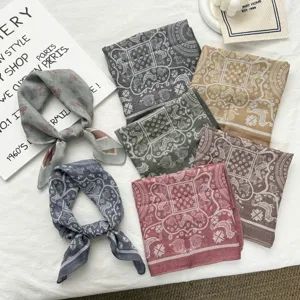 Vintage paisley printed linen small square scarf, retro neckerchief and head wrap.