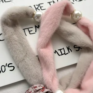 Plush faux fur scarf with pearl magnetic clasp, soft cozy winter neck warmer collar.