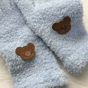 Light blue plush fuzzy gloves for women and kids, cute bear patch winter warm gloves.
