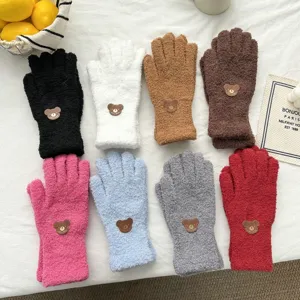 Cute Bear Plush Warm Gloves For Women Men Winter Thermal Full Finger Gloves Thick Fleece Cycling Gloves Outdoor Wrist Mittens
