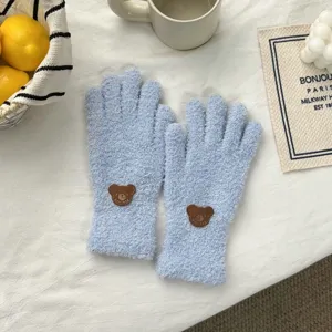Cute plush winter gloves with bear patch warm fleece knitted mittens for women outdoor cycling cold.