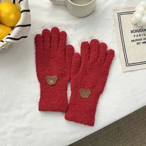 Cute plush winter gloves for women, thick warm coral fleece split-finger gloves with bear patch.