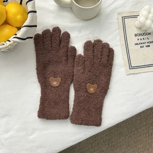 Cozy brown fleece fuzzy gloves with cute bear patch for winter warmth outdoor daily wear.