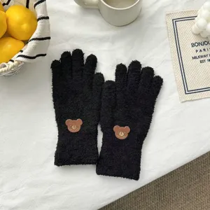 Black plush winter gloves with cute bear leather patch, warm thermal split-finger mittens.