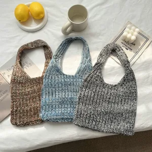 Nischendesign Mischfarben Strick Handtasche Damen Casual Grobstrick Handgelenktasche Minimalistisch Offen Vertikales Quadrat Kleine Tote Bag