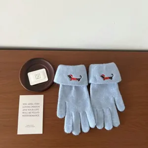 Cute puppy winter knit touchscreen gloves for women, warm thick five-finger woolen gloves.
