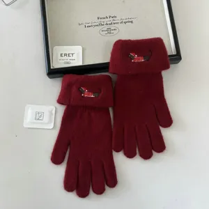 Women winter warm knit gloves cute dog embroidery thick touchscreen red winter mittens!