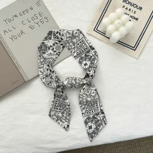 Chique zwart-wit paisley skinny sjaal voor dames, veelzijdig haarlint en halsdoek.