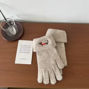 Cute dog embroidery knit gloves women winter warm thick touchscreen five-finger gloves new