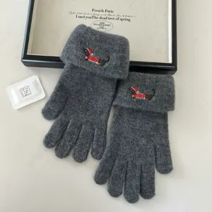 Grey knitted touchscreen gloves for women, warm winter five-finger mittens with cute puppy embroidery.