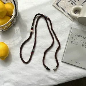 Collier de pull en perles tricoté marron vintage, bijoux de cordon en laine esthétique faits main.