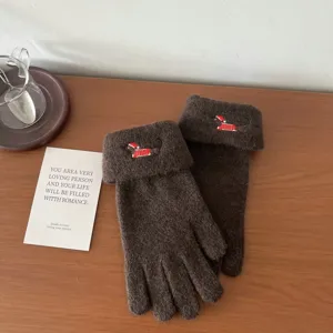 Cute women winter knit touchscreen gloves brown wool warm five finger thermal gloves detail