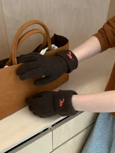 Brown knitted touchscreen gloves for women, warm winter five-finger gloves with cute dog embroidery.