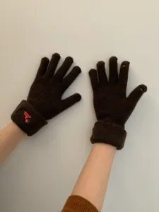 Women winter warm knit gloves touchscreen cute puppy embroidery brown wool gloves detail view