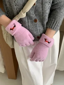 Cute puppy embroidered knitted touchscreen gloves for women, warm winter five-finger pink mittens.