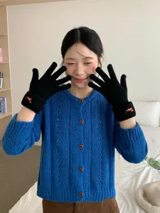 Winter warm touchscreen knit five-finger gloves for women, cute puppy embroidered black wool mittens.