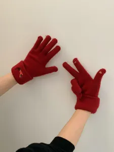 Red knit touch screen gloves detail, cute puppy embroidery, warm winter gloves for women.