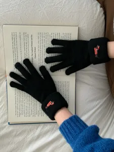 Winter warm touch screen knitted gloves for women with cute puppy embroidery, thick and cozy.