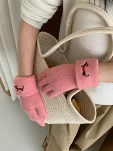 Cute pink knit gloves for women winter warm touch screen puppy embroidered mittens