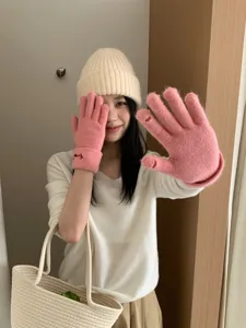 Cute puppy touchscreen knit five-finger gloves for women, warm winter thermal fleece lined.