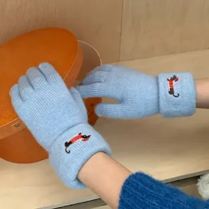 Cute puppy touchscreen knit gloves for women, winter warm wool five-finger gloves main view