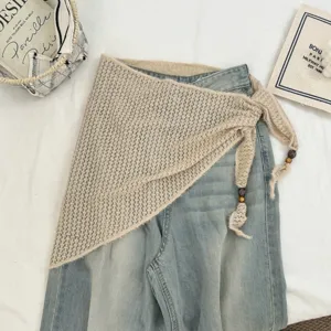 Foulard Triangle en Tricot à Gland de Perles en Bois Rétro pour Femmes Écharpe d'Été Ajourée Châle Décoratif