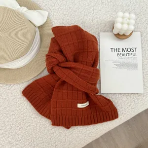 Cozy burnt orange plaid 100% wool knit winter scarf, soft warm stylish neck accessory.