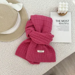 Cozy pink 100% wool knit scarf, soft warm winter neck warmer with classic plaid pattern.